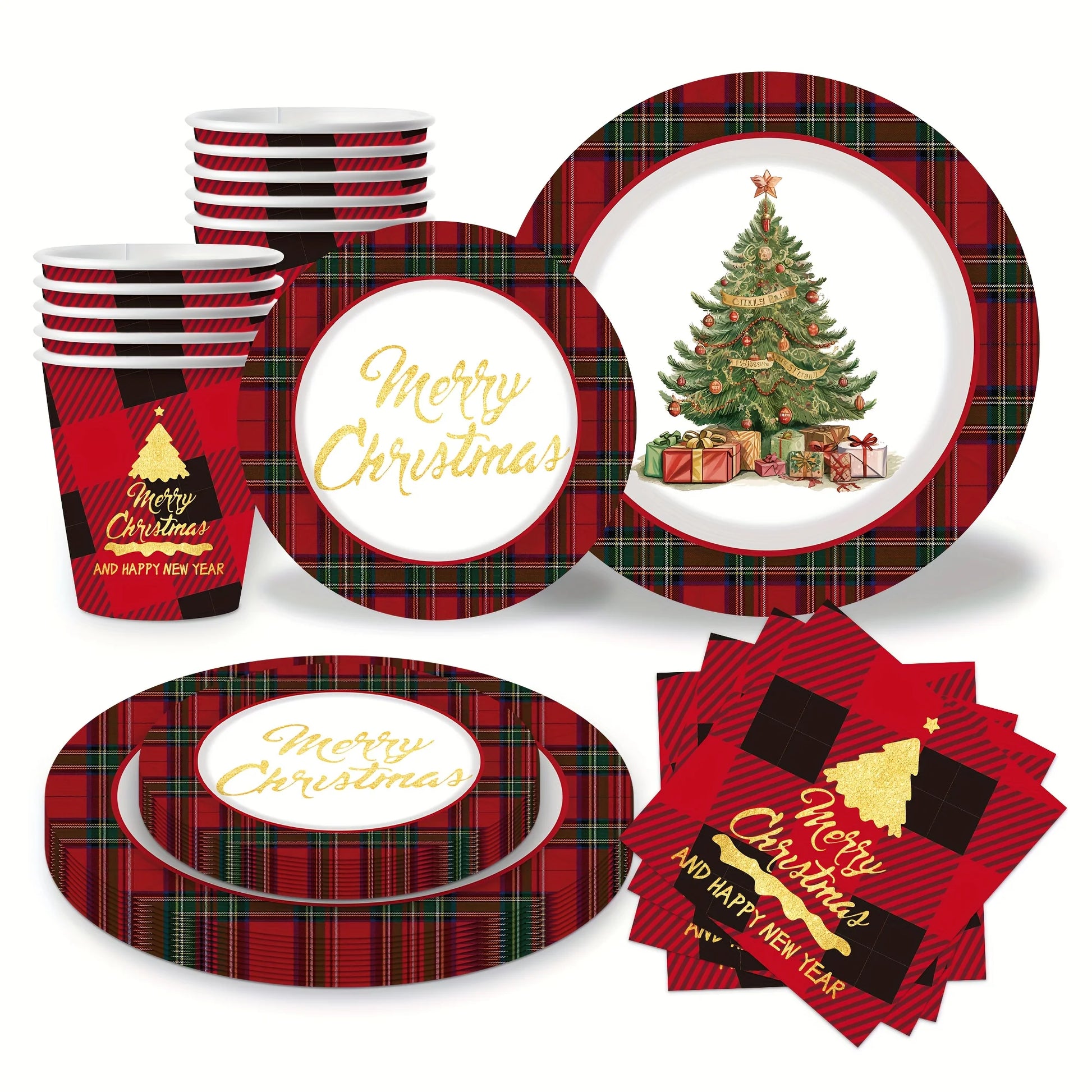 Christmas-themed tableware set with plaid patterns and festive designs on a white background.