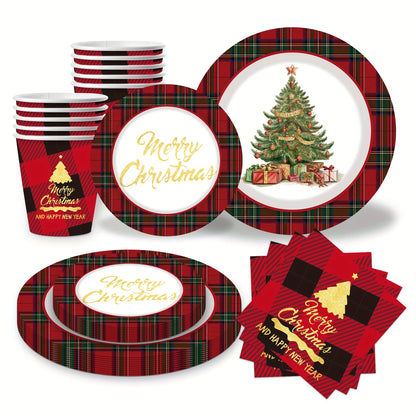 Christmas-themed tableware set with plaid patterns and festive designs on a white background.