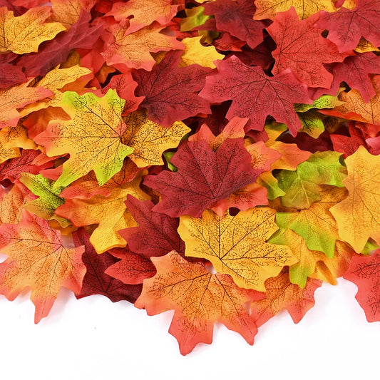 Assorted autumn leaves in red, orange, and yellow on a white background