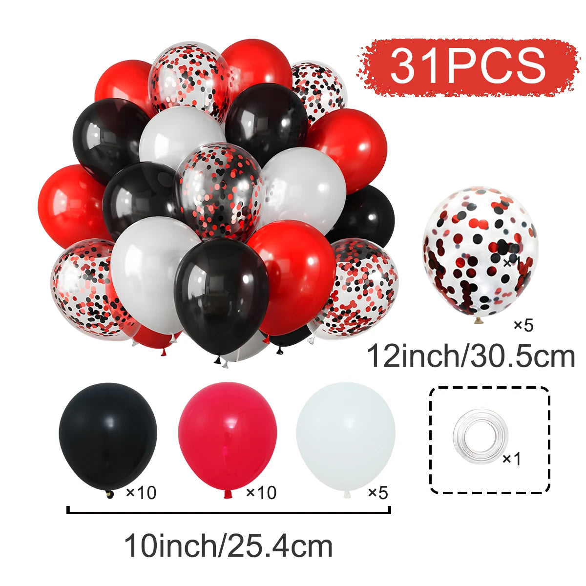 Set of 31 balloons in red, black, and white with confetti pattern, including sizes and quantities.