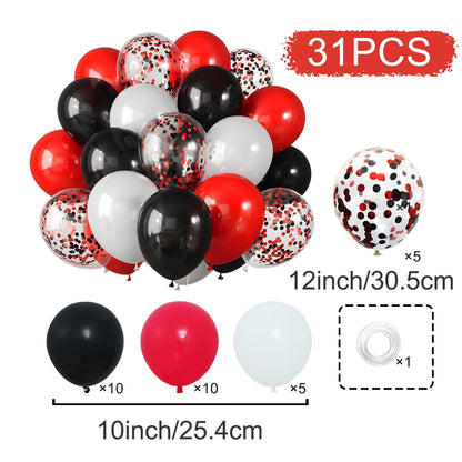 Set of 31 balloons in red, black, and white with confetti pattern, including sizes and quantities.
