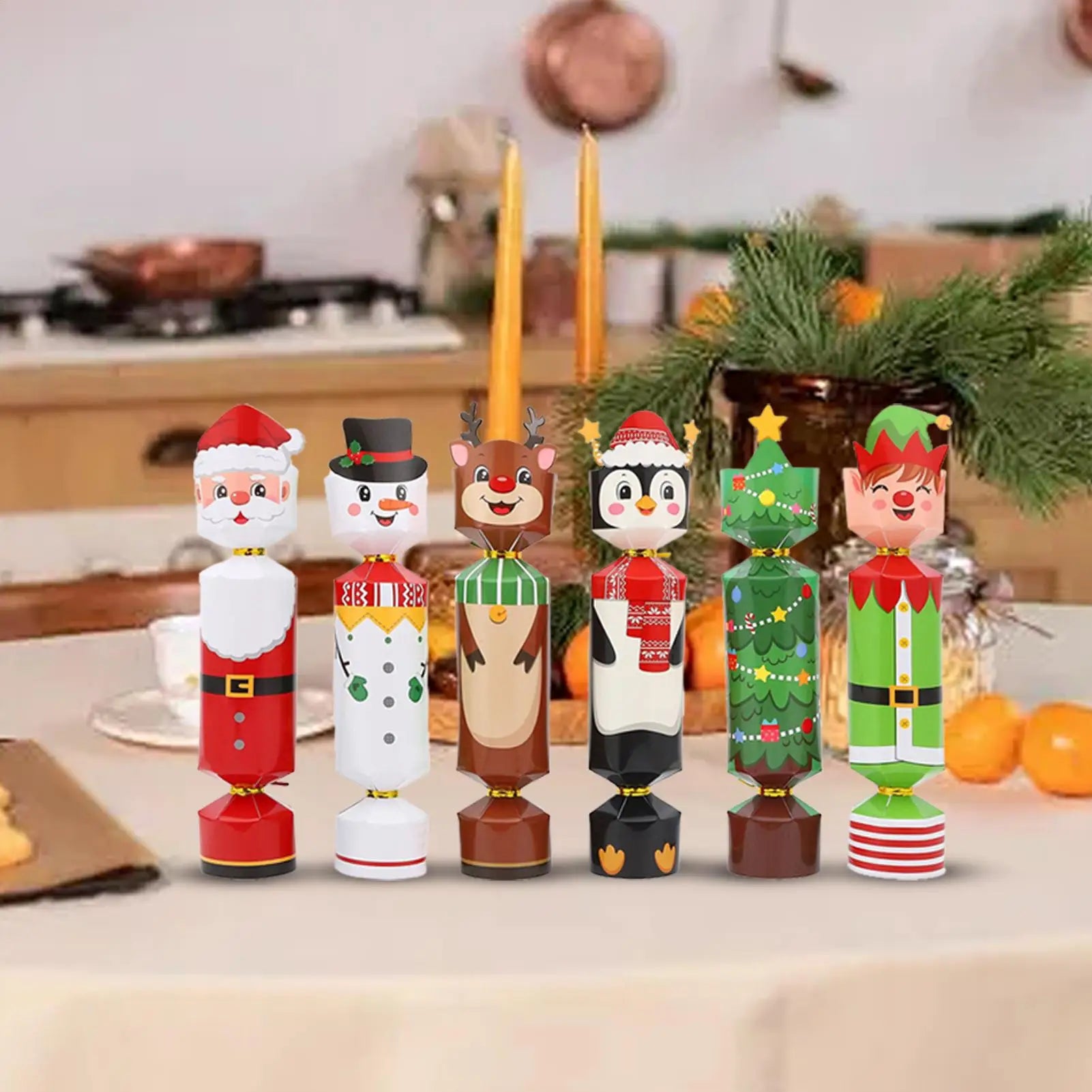 Set of Christmas-themed nutcrackers on a table with festive decorations.