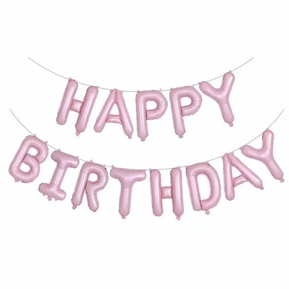 Pink 'Happy Birthday' balloon banner on a white background
