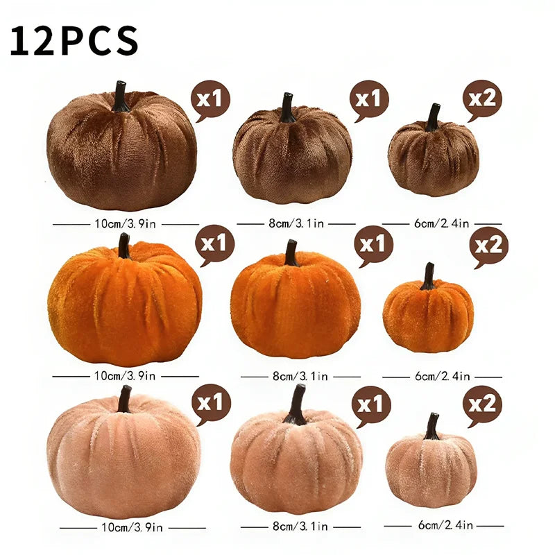 Set of 12 decorative pumpkins in various sizes with measurements on a white background