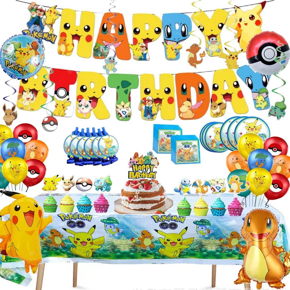 Pokémon themed birthday party decorations including balloons, banner, and cake.