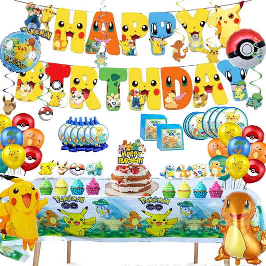 Pokémon themed birthday party decorations including balloons, banner, and cake.