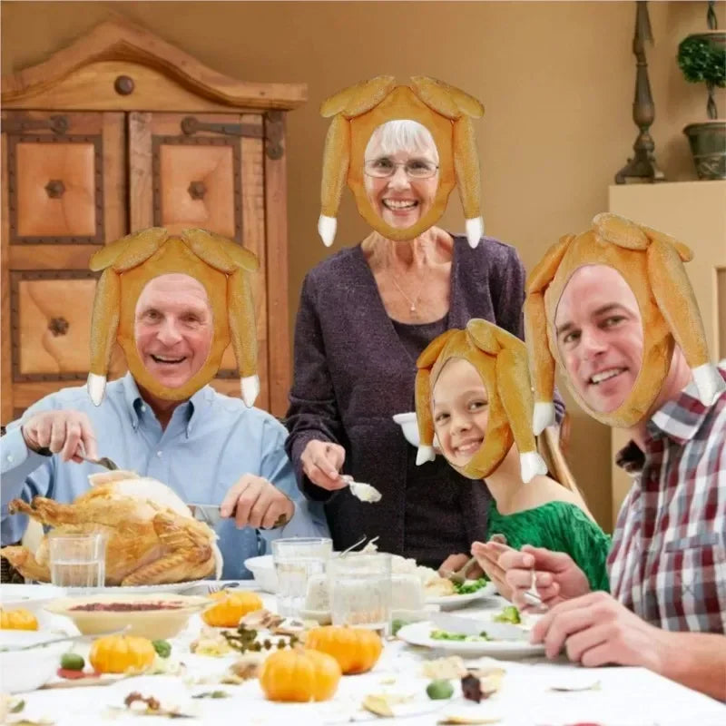 Family at a Thanksgiving dinner with turkey hats