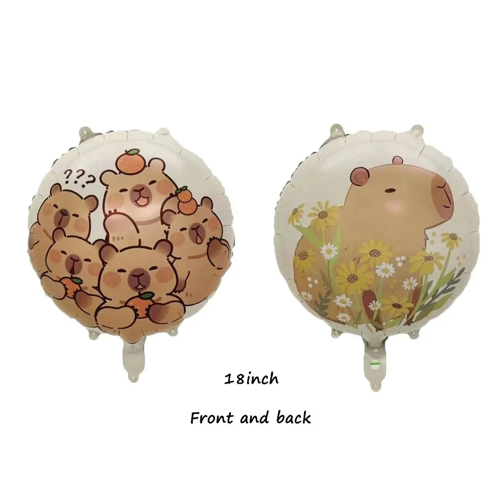 Two 18-inch balloons with different capybara designs on a white background