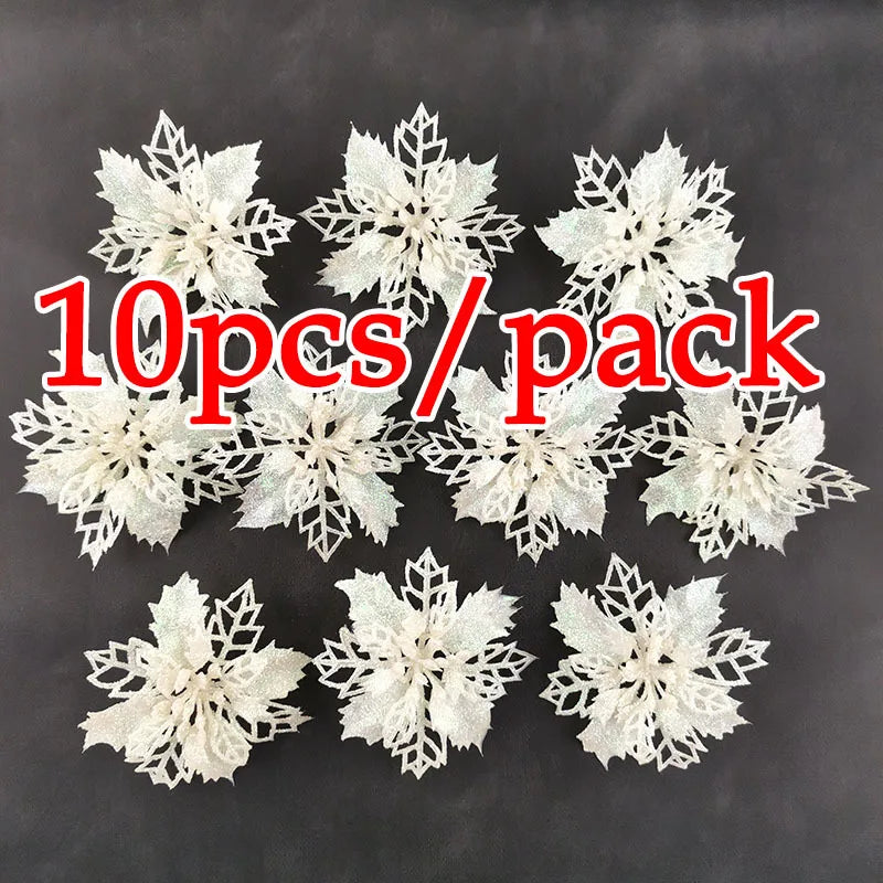 White snowflake decorations with '10pcs/pack' text on a black background