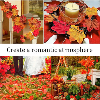 Collage of autumn decorations including a leaf garland, candlelit table setting, and romantic outdoor scene.