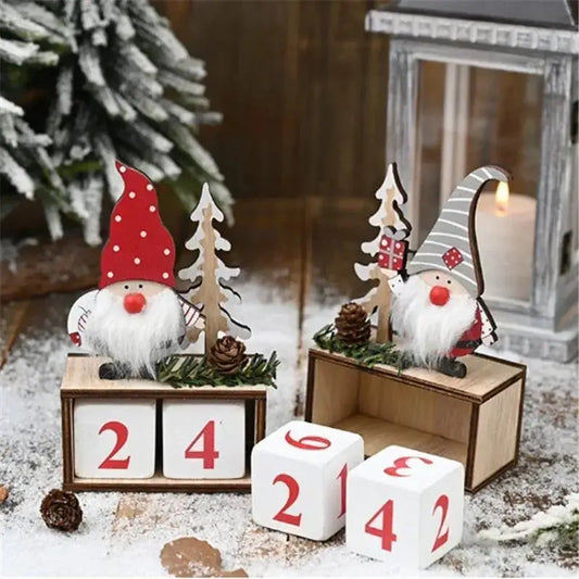 Christmas-themed decorative set with gnomes, trees, and dice on a snowy background