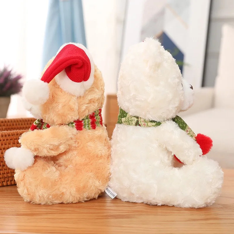 Two plush toys, one brown and one white, sitting on a wooden surface with a blurred indoor background.