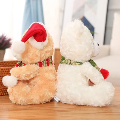 Two plush toys, one brown and one white, sitting on a wooden surface with a blurred indoor background.