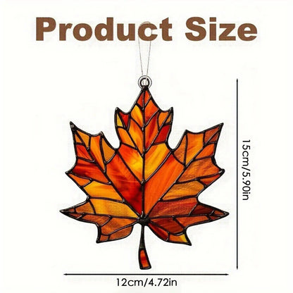 acrylic maple leaf ornament with measurement details on a white background