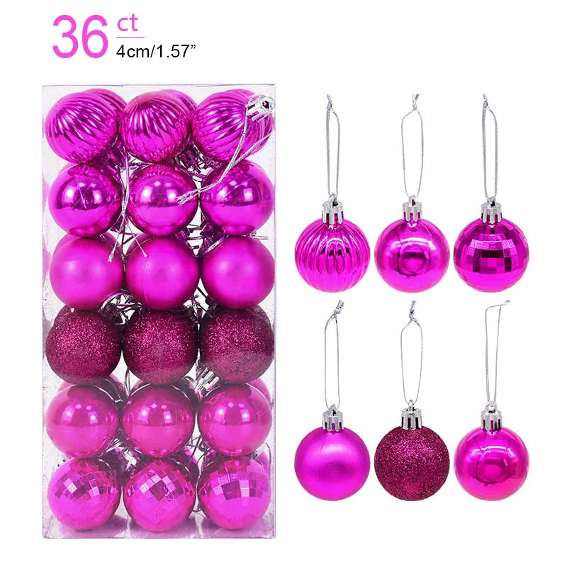 Packaging of pink Christmas ornaments with a close-up of individual ornaments on a white background.