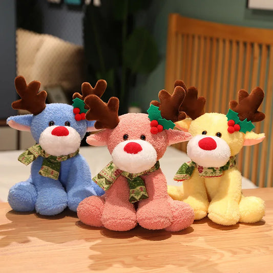 Three colorful plush reindeer toys on a wooden surface.