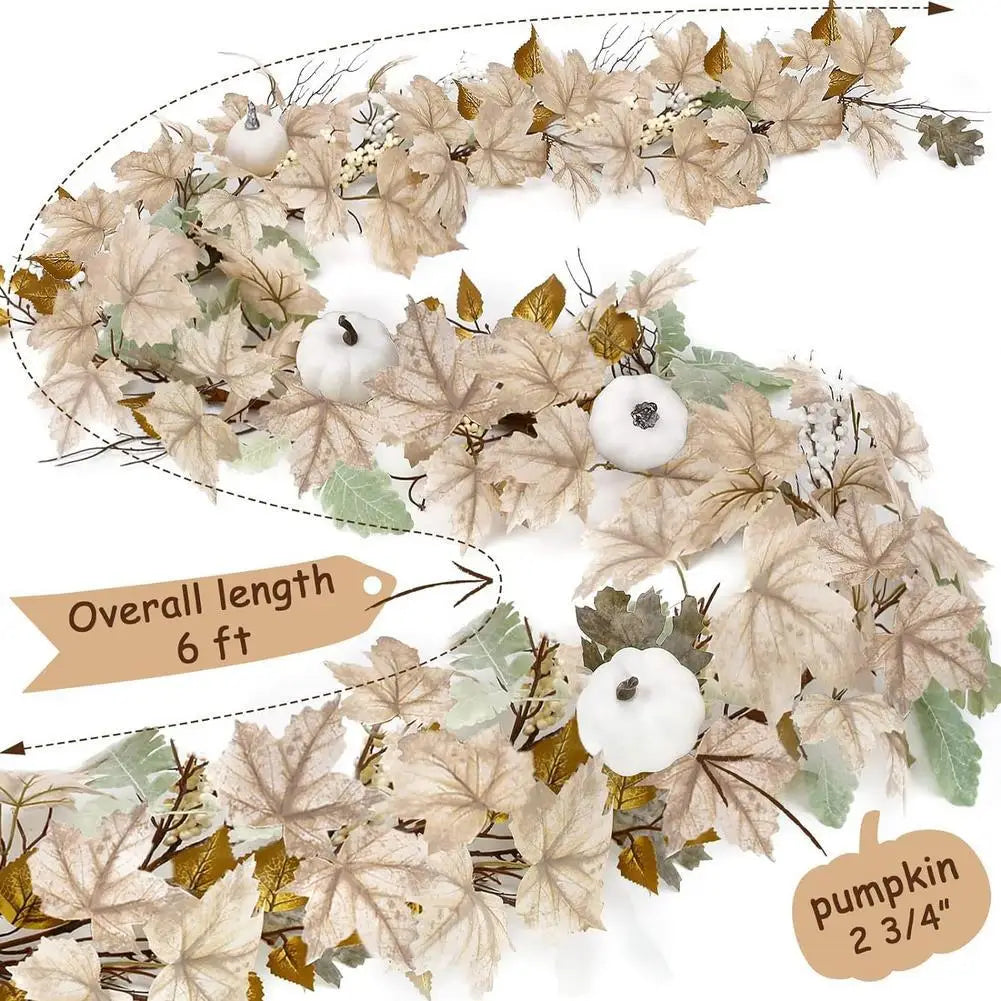 Decorative garland with leaves and pumpkins, labeled 'Overall length 6 ft' and 'Pumpkin 2 3/4"'.