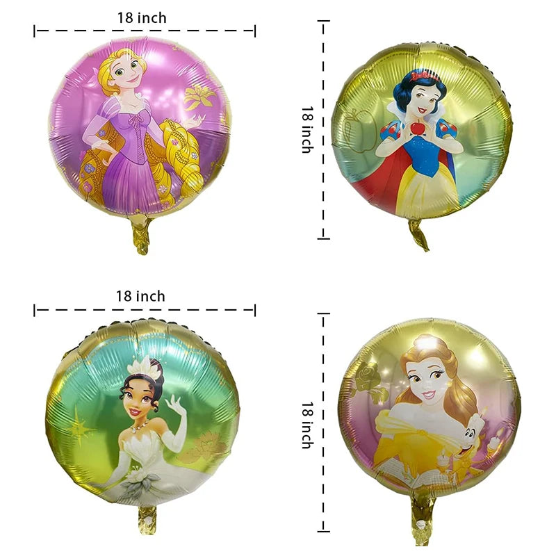 Four princess-themed balloons with dimensions on a white background