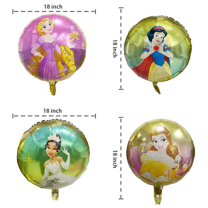 Four princess-themed balloons with dimensions on a white background