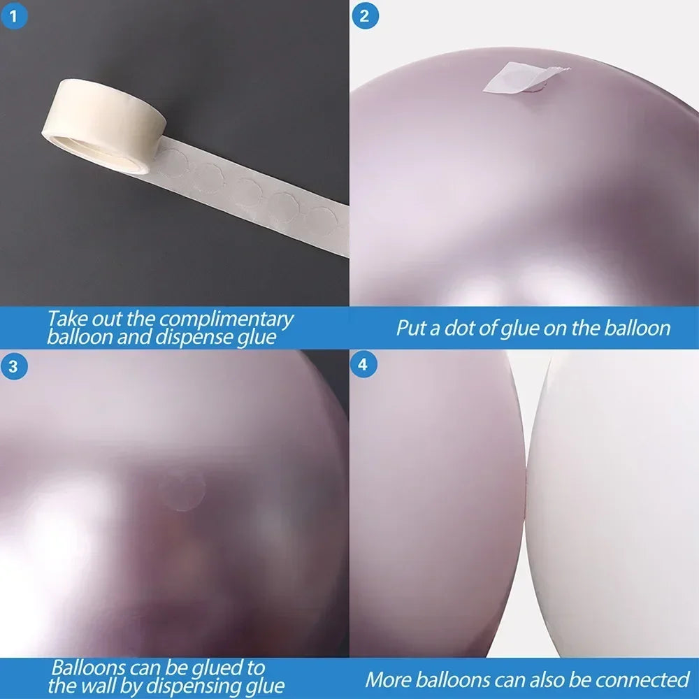 Step-by-step guide on how to glue balloons, with text instructions on a gray background.