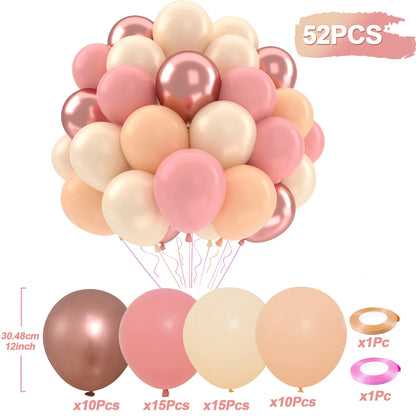Set of 52 pink, beige, and rose gold balloons with measurements and quantity details on a white background.