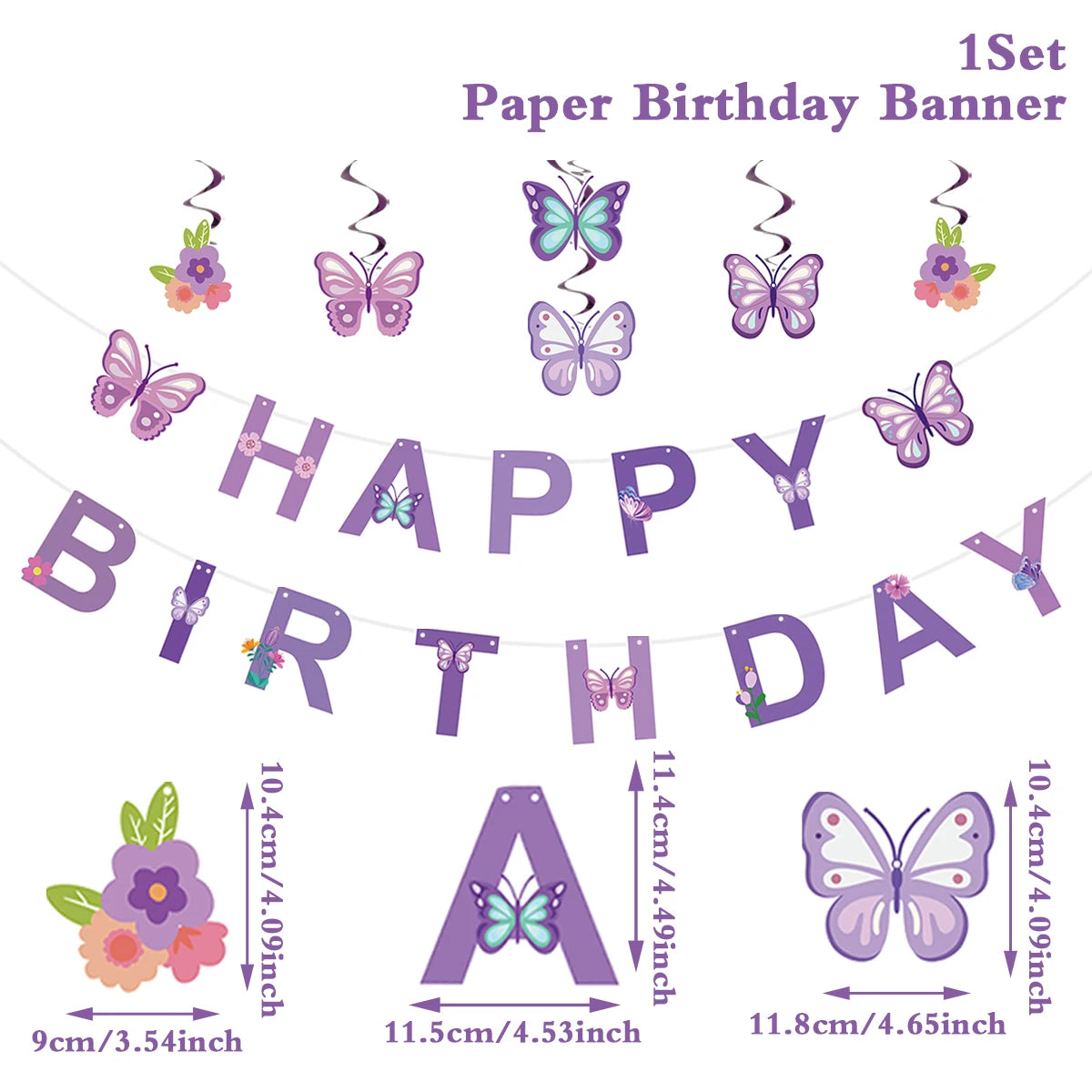 Purple 'Happy Birthday' banner with butterflies and flowers on a white background