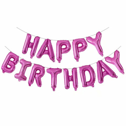 Pink 'Happy Birthday' balloon banner on a white background