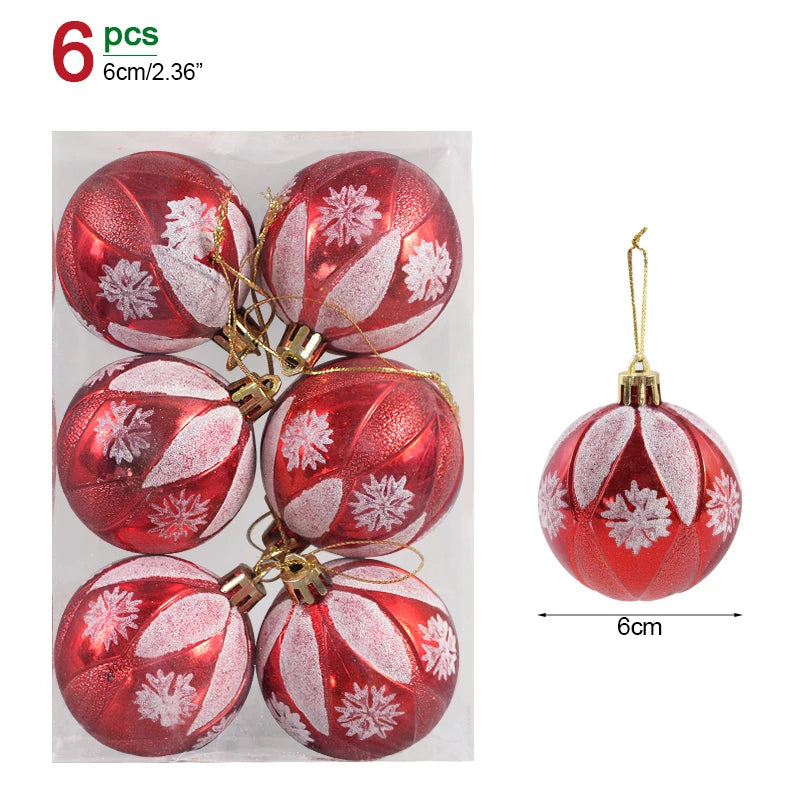 Set of six red Christmas ornaments with white snowflake patterns on a white background.