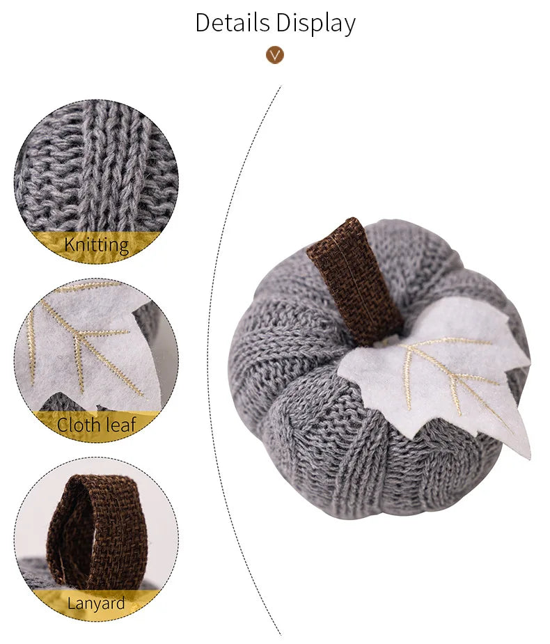 Gray knitted scrunchie with brown accent and white fabric leaf, surrounded by close-up details on a white background.
