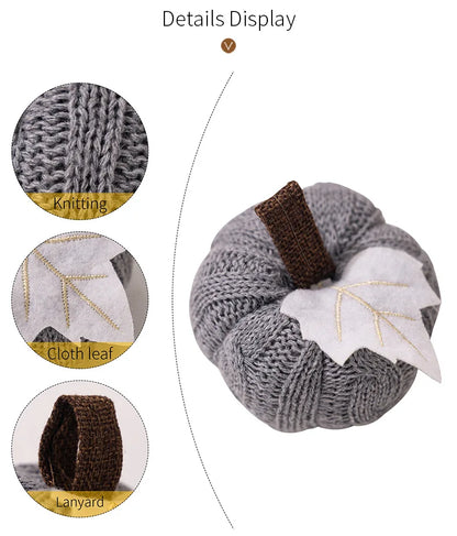Gray knitted scrunchie with brown accent and white fabric leaf, surrounded by close-up details on a white background.