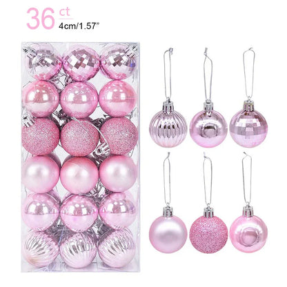 Pink Christmas ornaments with packaging and hanging examples on a white background
