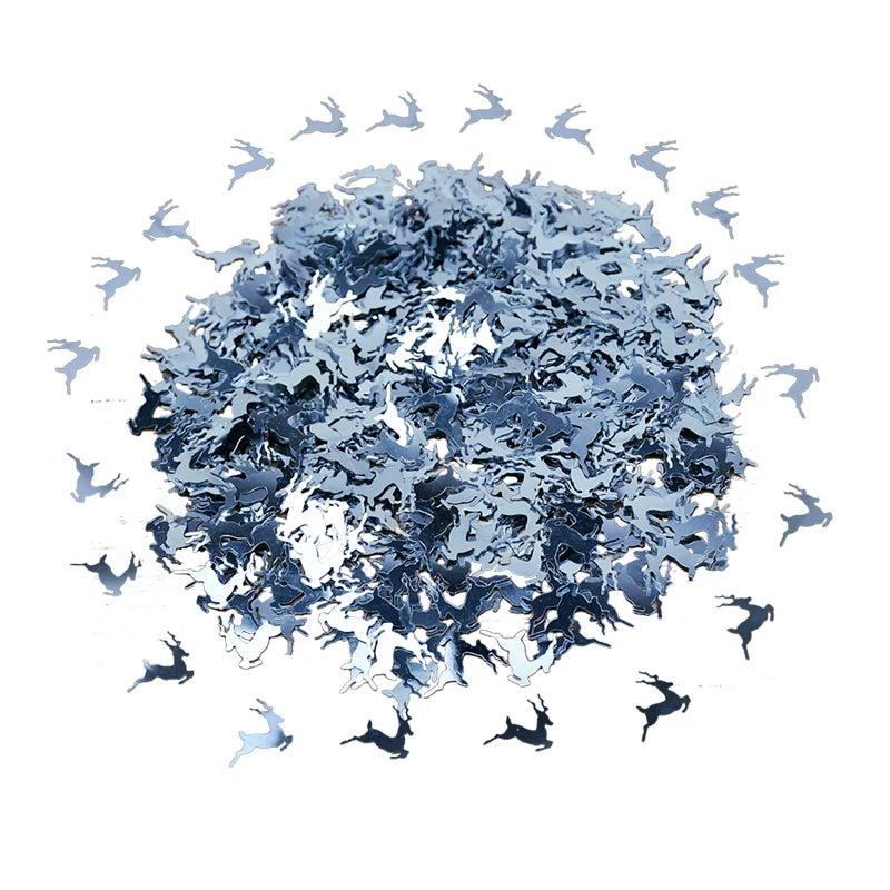 Silver confetti shaped like a pile with reindeer on a white background