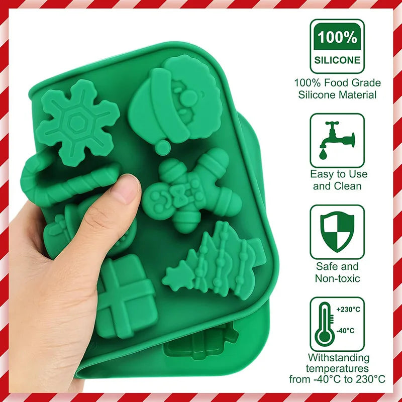 Green silicone mold with Christmas-themed shapes held by a hand, against a white background with red and white striped border.