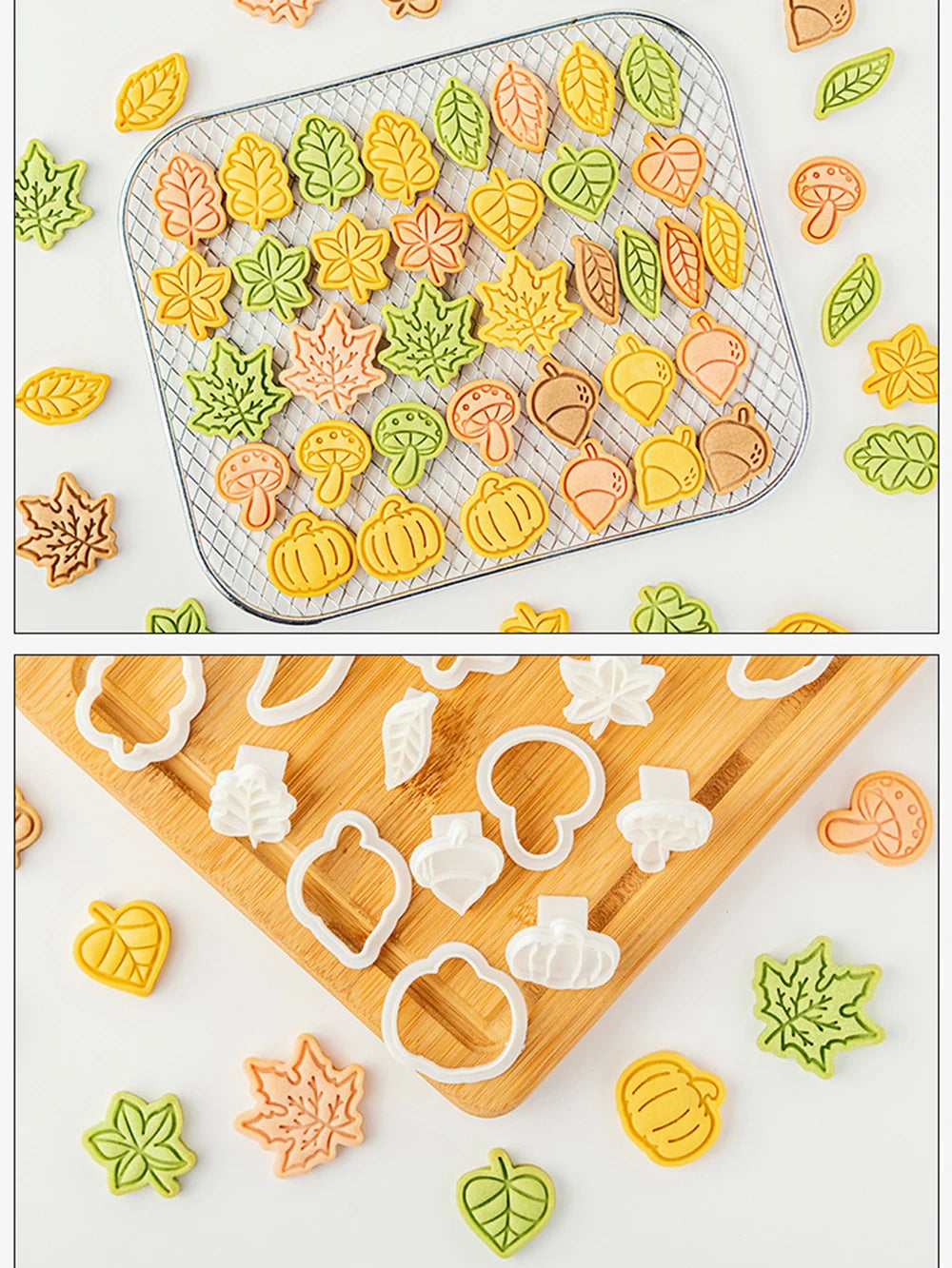 Set of autumn-themed cookie cutters on a white background with examples of cookies shaped like leaves, pumpkins, and acorns.