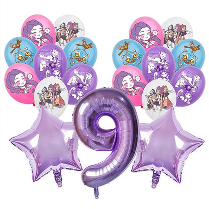 Balloon set with kpop demon hunters character balloons and a large number 9 balloon on a white background