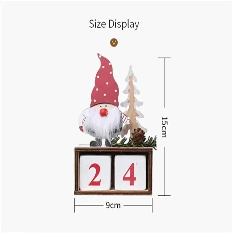 Decorative gnome with a tree and pine cone on a wooden block with '24' displayed, size measurement shown.