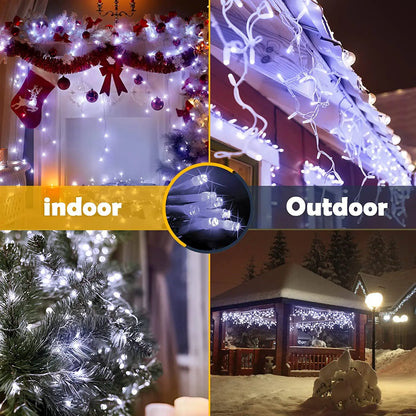 Collage of indoor and outdoor string lights with close-up of lights.