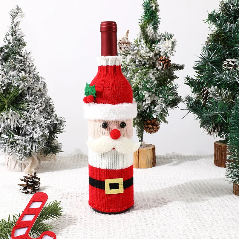 Santa Claus-themed wine bottle cover with Christmas trees in the background