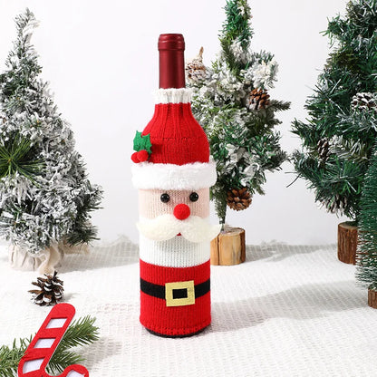 Santa Claus-themed wine bottle cover with Christmas trees in the background