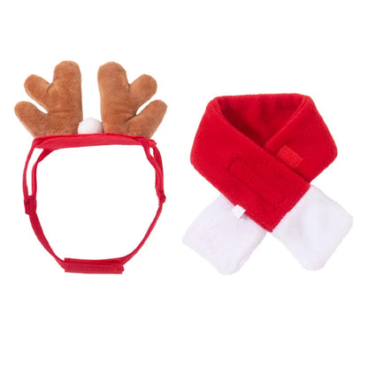Red reindeer antlers headband and red scarf with white trim on a white background