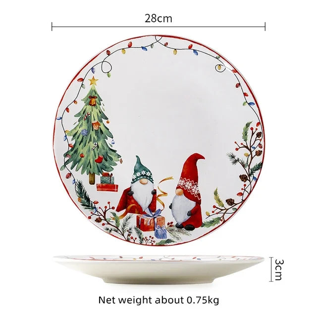 Christmas-themed plate with gnomes and tree, measurements, and weight displayed.
