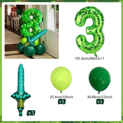 Minecraft creeper balloon in an 8 and 3 and diamond sword balloon and green balloons with white background.