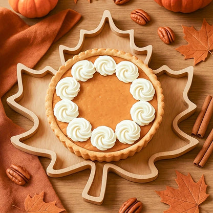 Pumpkin pie with whipped cream on a wooden board surrounded by autumn decorations.