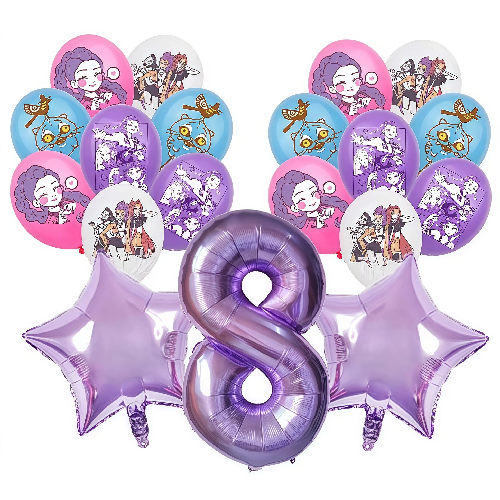 Balloon bouquet with kpop demon hunters character balloons and a large number 8 balloon on a white background