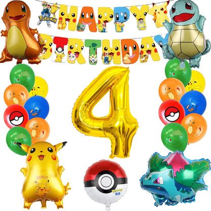 Collection of Pokémon-themed balloons including a gold number four balloon, Pikachu, and other character balloons.