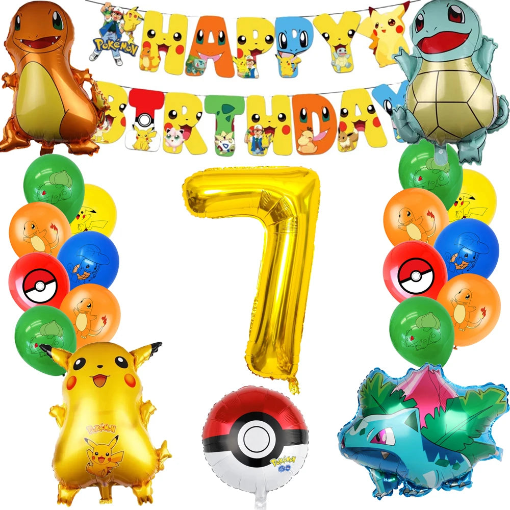Pokémon themed birthday balloons with a 'Happy Birthday' banner and number '7' balloon.