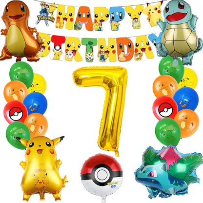 Pokémon themed birthday balloons with a 'Happy Birthday' banner and number '7' balloon.