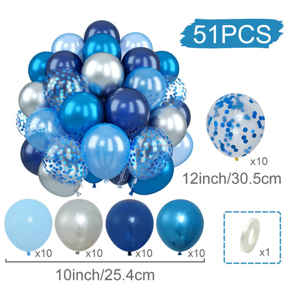 Set of blue, silver, and white balloons with size and quantity information on a white background