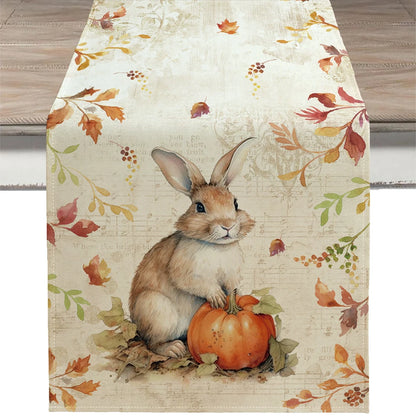 Table runner with a rabbit and pumpkin design on a floral background