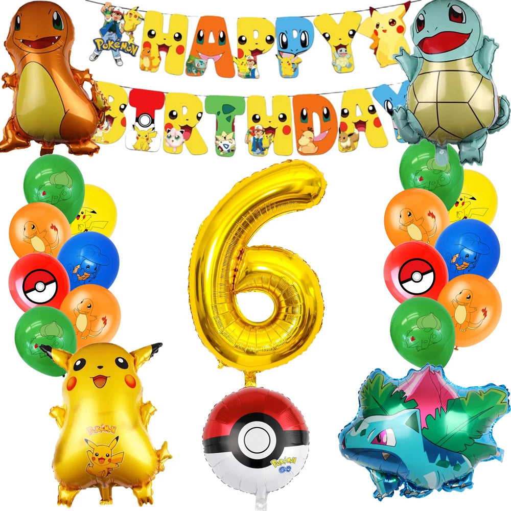Pokémon themed birthday balloons with a gold number 6 balloon with a white background.